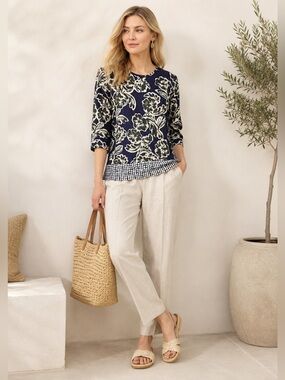 MaxMara Blouse Pop Over Blouse Blue, Black White Size 6 100% Ramie Print Tunic